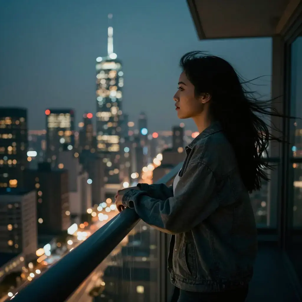 Девушка на балконе с видом на ночной город