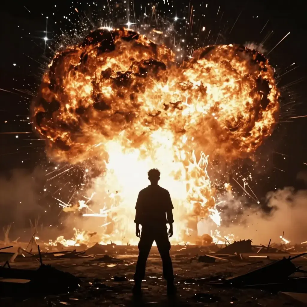Силуэт человека перед взрывом — мощная драма