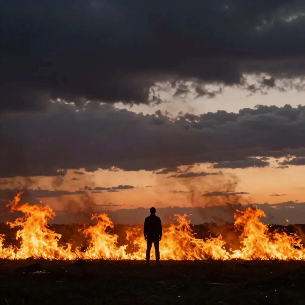 Человек перед огнём на закате — напряжённая атмосфера